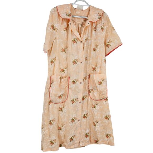 Vintage Smart Time Nightgown House Dress Peach Floral Button Down Midi Size M - Picture 1 of 6